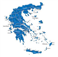 the detailed map of greece with all its major cities and roads, blue colors on white background