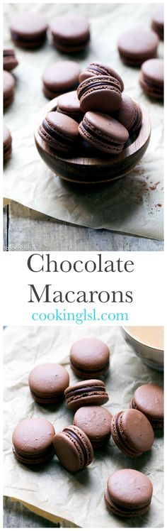 chocolate macaroons are sitting on top of parchment paper and ready to be eaten