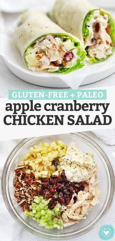 an apple cranberry chicken salad on a plate with the title text overlay