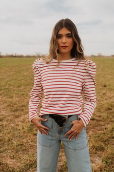 Spring Striped Puff Sleeve Tops, Trendy Striped Puff Sleeve Top, Striped Cotton Puff Sleeve Top, Casual Red Puff Sleeve Top, Terry Fabric, French Terry Fabric, Top Model, Stripe Print, French Terry