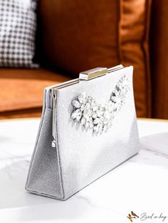 BirdinBag - Chic Rhinestone Decor Mini Evening Bag with Glitter, Clip Top Silver Embellished Bag For Everyday Use, Elegant Rhinestone Pouch Bag, Embellished Silver Bags For Events, Silver Embellished Bag For Events, Sparkling Clutch Bag For Events, Sparkling Clutch For Events, Silver Rhinestone Bag For Gift, Silver Rhinestone Pouch Bag, Silver Rhinestone Bag As Gift