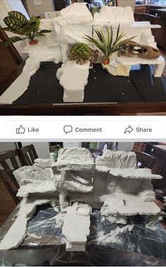 two pictures showing the same table with different items on it, one is made out of paper and the other has fake plants