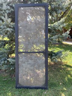 an old window sitting in the grass next to some pine tree's and bushes