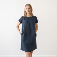 Indigo Linen Dress Alice - Linen dresses and tunics - LinenMe Elegant Short-sleeve Relaxed Fit Dress, Elegant Relaxed Fit Short Sleeve Dresses, Elegant Short Sleeve Relaxed Fit Dress, Elegant Knee-length Linen Dress With Relaxed Fit, Linen Tunic Dress For Work, Elegant Tunic Dresses For Work, Linen Dress Elegant Classy, Linen Dresses Elegant, Dress Elegant Classy