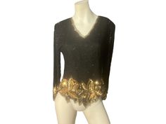 "Vintage bead and sequin top, tag says Lauence Kazar, sz L, 100% silk. Top zips up the back, has shoulder pads, V neck, comes to points at the bottom. Top is in great condition, measurements are shoulder to shoulder 16\" bust up to 36\" waist up to 30\" length 23\" sleeve length 22\"" Glamorous Sequined Tops For Formal Occasions, Embellished Formal Top For Fall, Formal Embellished Tops For Fall, Formal Sequined Tops For Fall, Embellished V-neck Tops For Party Season, Festive Embellished Tops For Night Out, Festive Evening Tops With Sequins, Formal Embellished Gold Tops, Gold Embellished Tops For Night Out