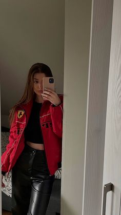 F1 Outfit, Ferrari Girl, F1 Girl, Ferrari Jacket, Race Outfit, Race Day Outfits, Jacket Outfit Women, F1 Wag, F1 Ferrari