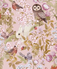 an image of birds and flowers on a wallpaper design with owls, rabbits, and ladybugs