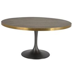 an oval wooden table with gold trim on the top and base, against a white background