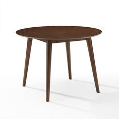 a round table with wooden legs and a dark wood finish on the top, against a white background