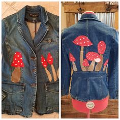 the jacket is decorated with red mushrooms on denim