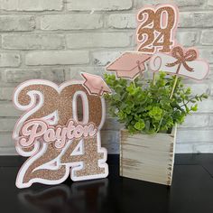 two pink and gold graduation decorations next to a potted plant on a black table