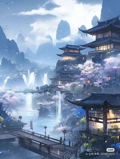 Cre: 青云蓝月 on 小红书 Chinese Artwork, Vaporwave Wallpaper, Pixel Art Background, Chinese Art Painting, Wallpaper Nature Flowers, Fantasy Castle