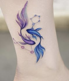 a woman's foot with a blue and purple fish tattoo on the side of her leg