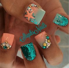 @_stephsnails_ on Instagram Mermaid nails 2019 Nails, Mermaid Nails, Ideas Nails, Get Nails, Beach Nails, Fabulous Nails, Cute Nail Designs, Fancy Nails, Teal Color