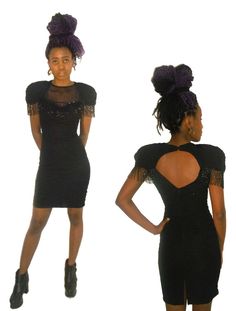 "VINTAGE BETSY & ADAM BLACK CRINKLED KNIT EXTENDED CAP SLEEVE W/ SHOULDER PADS CHIFFON SEE THRU SHEER FRONT DETAIL CUTOUT BUTTONED BACK NECK BODYCON FITTED LINED SHORT MINI STRETCH KNIT DRESS W/ SEQUINS & BEADED FRINGE EMBELLISHMENT    Size:  3/4 Length:  37\"  Bust:  15\" Waist:  12\" Hip:  17 1/2\" Shoulder Cuff Edge To Cuff Edge:  20\"  Label:  Betsy & Adam Material:  100% Polyester  Dress in very good used preowned vintage condition Please contact ANVINTRO with any questions regarding this i Adam Black, Bead Fringe, Stretch Knit Dress, Grunge Dress, Back Details, Sheer Chiffon, Polyester Dress, Out Back, Beaded Fringe