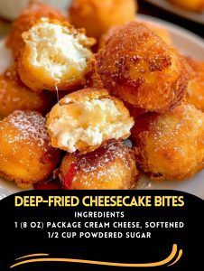 deep fried cheesecake bites on a white plate