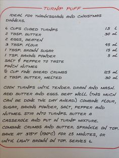 a recipe for turkey puffs on a white piece of paper with red marker writing