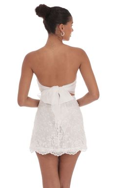 White Lace Dress With Back Zipper, White Strapless Tie-back Dress, White Strapless Dress With Tie Back, White Strapless Dress With Back Zipper, White Tie Back Mini Dress For Cocktail, White Mini Dress With Back Zipper For Beach, Chiffon Mini Dress With Tie Back For Brunch, Brunch Chiffon Mini Dress With Tie Back, White Chiffon Halter Neck Dress