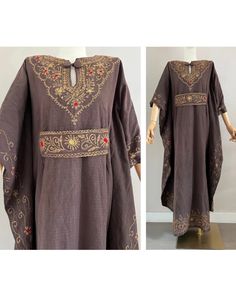 Amazing vintage kaftan dress from the 1970s Made from a dark brown cotton fabric  The kaftan is fully embroidered which makes it a very unique vintage piece Closes at the back with a zipper  UK size: free size  Measurements measured flat: Waist: 59 cm - 23,2" Hips: 59 cm - 23,2" Length: 132  cm - 52 Material: 100% cotton (dry clean only) In perfect condition This item has been washed and steamed so that there are no more unpleasant odors This item is vintage, which means 25 years or older. Small Traditional Long Brown Dress, Traditional Brown Embroidered Dress, Bohemian Cotton Thobe For Eid, Traditional Brown Kaftan For Festival, Brown Long Sleeve Kaftan For Festival, Long Brown Dress For Eid, Long Brown Dresses For Eid, Brown Long Dress For Eid, Festive Long Brown Kaftan