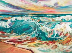 an abstract painting of waves crashing on the beach with colorful clouds in the sky above