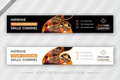 two banners with different types of cooking items on them, one is black and the other is orange