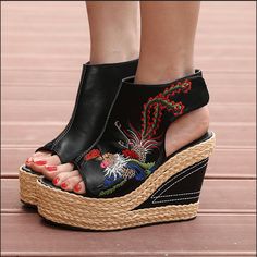 Babakud Ethnic Eembroidered Leather Women's Wedge High Heels Sandals 2019 July New 34 Black B Wedge High Heels, High Heels Sandals, High Heel Wedges, Black B, Denim And Lace, Mens Accessories Jewelry, Heels Sandals, Womens Wedges