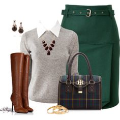 Casual Fall Friday at the Office Fall Friday, Casual Office Fashion, Autumn Color Palette Fashion, Teal Skirt, Bag Necklace, Grey Sweaters, Office Outfit