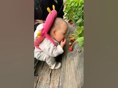 a baby sitting on the ground next to some plants