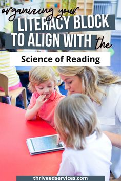 two children and an adult looking at a tablet with text overlay that reads organizing your library block to align with the science of reading