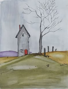 a drawing of a house in the middle of a field with a tree and fence