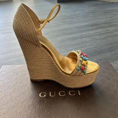 Very Good Condition. Worn 2 Times For Events. 2 In Platform Plus 4 Inch Heel. Instant 6 Inches Taller ! Gucci Designer Wedge Sandals With Round Toe, Designer Gucci Wedge Sandals With Round Toe, Gucci Leather Wedge Sandals For Summer, Gucci Luxury Wedge Sandals With Round Toe, Gucci Luxury Round Toe Wedge Sandals, Chic Gucci Summer Wedge Sandals, Gucci Summer Wedge Sandals, Gucci Luxury Wedge Heels, Gucci Summer Wedge Heel Sandals