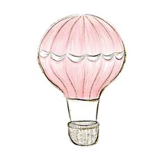 a drawing of a pink hot air balloon in the shape of a basket on a white background