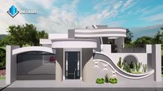 this is a 3d rendering of a modern house with plants on the front and side