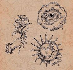 the sun, moon and flower are depicted in this old - fashioned tattoo art design