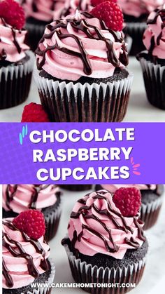 chocolate raspberry cupcakes with pink frosting and fresh raspberries