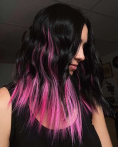 Black And Pink Hair Extensions, Fun Mom Hair Color, Black Hair Pink Extensions, Black And Neon Pink Hair, Black And Pink Money Piece, Black Hair With Pink Extensions, Black Hair With A Pop Of Color, Black Hair With Colored Extensions, Pink On Black Hair