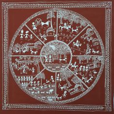 a red bandanna with white images of people and animals in the center on it