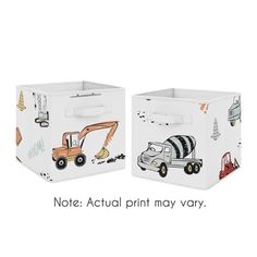 two boxes with construction vehicles on them and the words note actual print / may vary