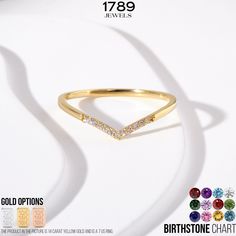 1789 Jewels perfectly combined Birt Stones with Gold V Ring! Are you looking for Solid Gold Birthstone Ring with unique touch with her birthstone? Here's our 18K 14K 10K Solid Gold Arched V Ring as premium Birthstone Ring! Our Dainty Chevron Gold Ring can be customize with her birthstones! To create luxury custom birthday gift for women, we can create V Shaped Ring with her birthstones fully instead of diamonds or just use her birth stone just on the middle stone. Our Solid Gold Arched V Ring is also Perfect Wedding Band and Shower Engagement Ring for your girlfriend and fiancee! She can also use this Birthstone Contour Band V Ring as a Stacking Thumb Ring or Midi Ring to your girlfriend, fiancee, wife, bride, wife, daughter and mother as Birthday Gift or Anniversary Ring Gift.   You can c Elegant Diamond Birthday Rings, Gold Rings With Accent Stones For Birthday, Elegant Jewelry With Center Stone For Birthday, Gold Stackable Rings With Accent Stones For Wedding, Birthday Diamond Ring In Fine Jewelry Style, Anniversary Hallmarked Cubic Zirconia Birthstone Ring, Fine Jewelry Diamond Ring For Birthday, Elegant Diamond Ring For Birthday, Birthday Fine Jewelry Diamond Ring