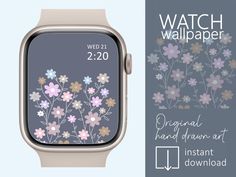 an apple watch with flowers on the screen and text below it that reads, watch wallpaper original flower art instant instant download