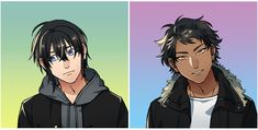 two anime characters one with blue eyes and the other with black hair, both wearing hoodies