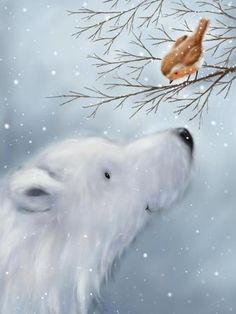 a painting of a polar bear and a bird on a tree branch