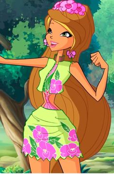 a cartoon girl with long brown hair wearing a green dress and pink flowers in her hair