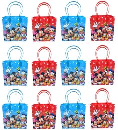 six mickey mouse bags with different designs on them