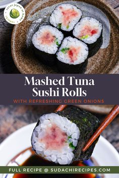 Four pieces of homemade negitoro sushi rolls on a brown serving dish with brushstroke design Sushi Rolls At Home, Fatty Tuna, Tuna Sushi Rolls, Tuna Meat, Tuna Sushi, Nori Seaweed, Seasoned Rice