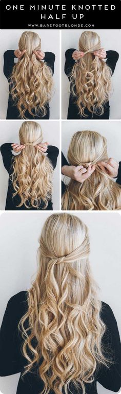 Amazing Half Up-Half Down Hairstyles For Long Hair - One Minute Knotted Half Up - Easy Step By Step Tutorials And Tips For Hair Styles And Hair Ideas For Prom, For The Bridesmaid, For Homecoming, Wedding, And Bride. Try An Updo Or A Half Up Half Down Hairstyle For Long Hair Or A Casual Half Ponytail For Blonde Or Brunette Hair. Easy Tutorial For Straight Hair Including A Top Knot, Loose Curls, And The Simple Half Bun. Styles And Hairdos For Veils, For Summer, For Fall, And For Winter. Try Ban... Occasion Hairstyles, Down Hairstyles For Long Hair, 5 Minute Hairstyles, Fishtail Braids, Princess Cosplay, Trendy Hair, Hair Braids, Christmas Outfits, Hair Fashion