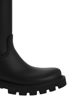 Made of waterproof materials, these knee-high boots protect you from the rain. They feature a neutral colour palette and a minimalist silhouette, making them easy to combine with sophisticated and sporty looks. - PVC and nylon upper - Fabric insole - TPU welt - EVA tread - Drawstring closure - Waterproof DESIGNER ID: J209B4G00070M4522 999Measures: Sole height: 4 cmGender: WomenMaterial: UPPER: PVC AND NYLON LINING: TEXTILE TPU AND EVAColor: BlackMade in: ITProduct ID: J209B4G00070M4522 999*Impor Modern Round Toe Waterproof Rain Boots, Modern Waterproof Rain Boots With Round Toe, Sporty Looks, Minimalist Silhouette, Sneaker Wedge, Neutral Colour Palette, Pump Sandals, Scarf Jewelry