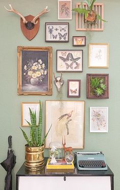 the wall is covered with many framed pictures and plants, including an old typewriter