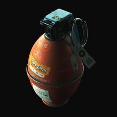 an orange fire extinguisher with a tag attached to it's handle