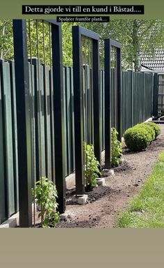 a row of green metal fence with plants growing between them